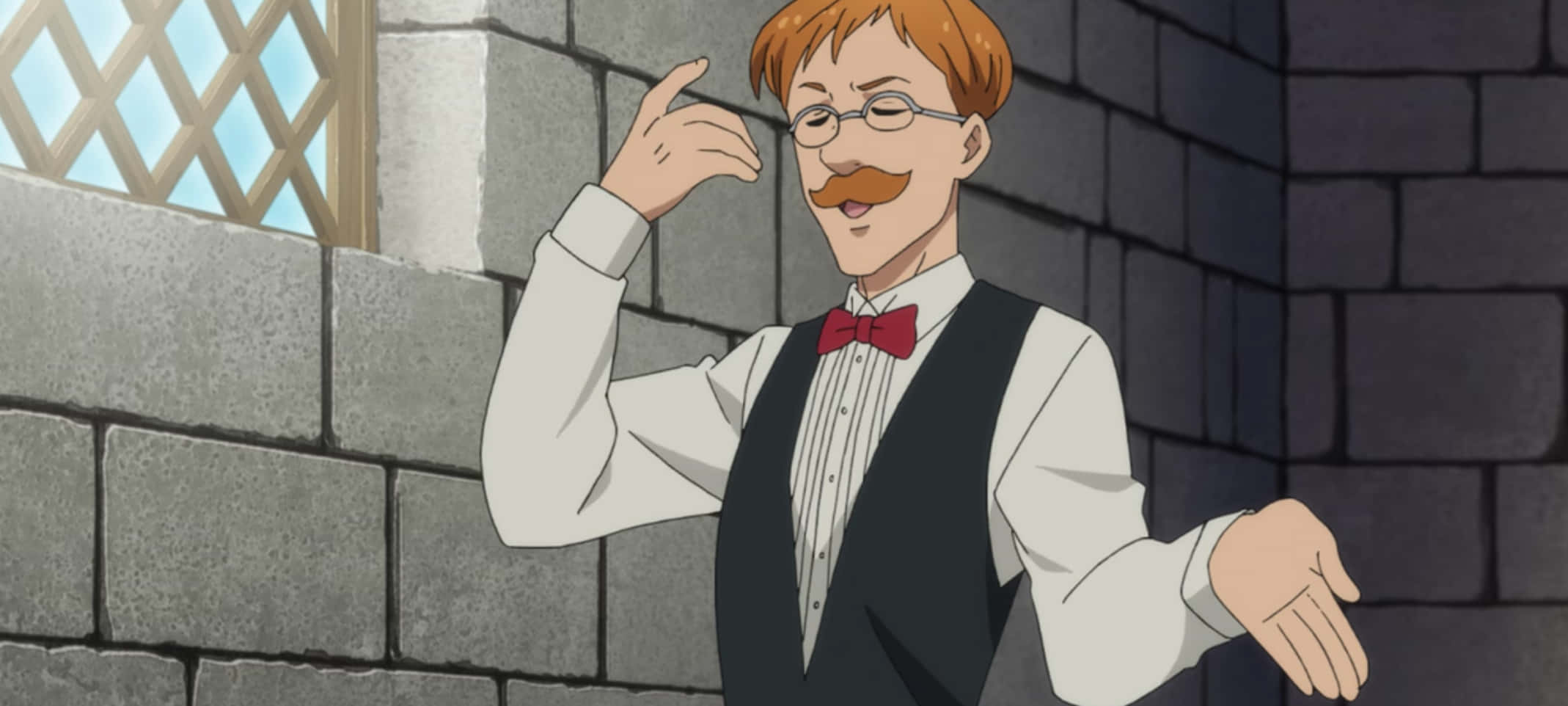 Escanor 桌布 壁紙 — 一位開朗的動畫紳士，紅髮留鬍，在石牆旁帶菱形窗戶旁熱情地做手勢。