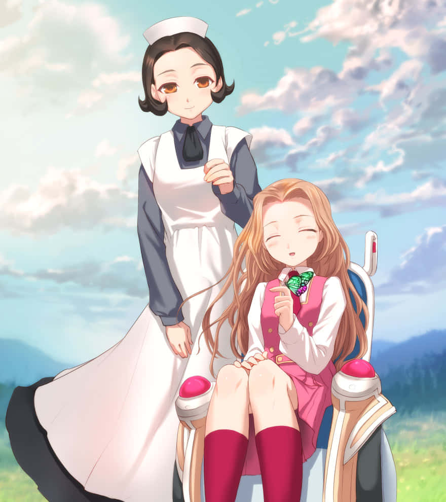Sayoko Shinozaki 桌布 壁紙 — 一位開朗的動畫護士站在微笑的輪椅女孩旁邊，背景是明亮的多雲天空。