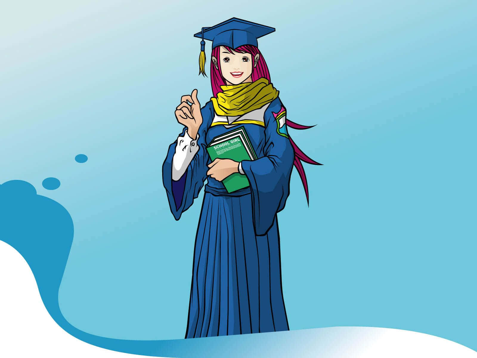 Graduation 桌布 壁紙 — 一位開朗的動畫風格畢業生，身穿藍色畢業袍和帽子，手持書籍，在柔和的藍色漸變背景上向上指著。