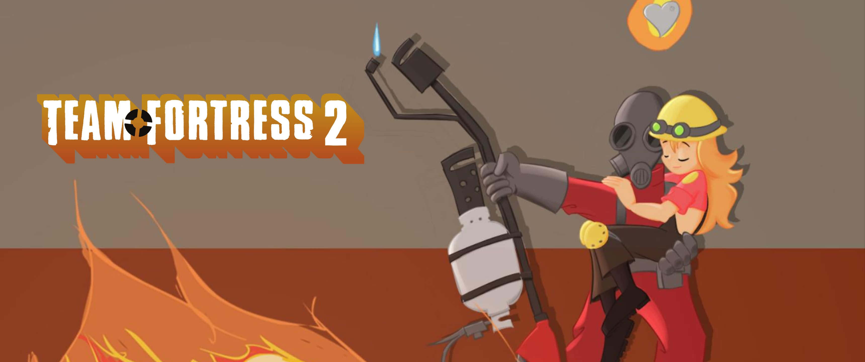 3440x1440p Tf2 桌布 壁紙 — 一位開朗的女工程師身穿紅黃裝備，在熾熱背景下揮舞著藍色火焰的火焰噴射器。