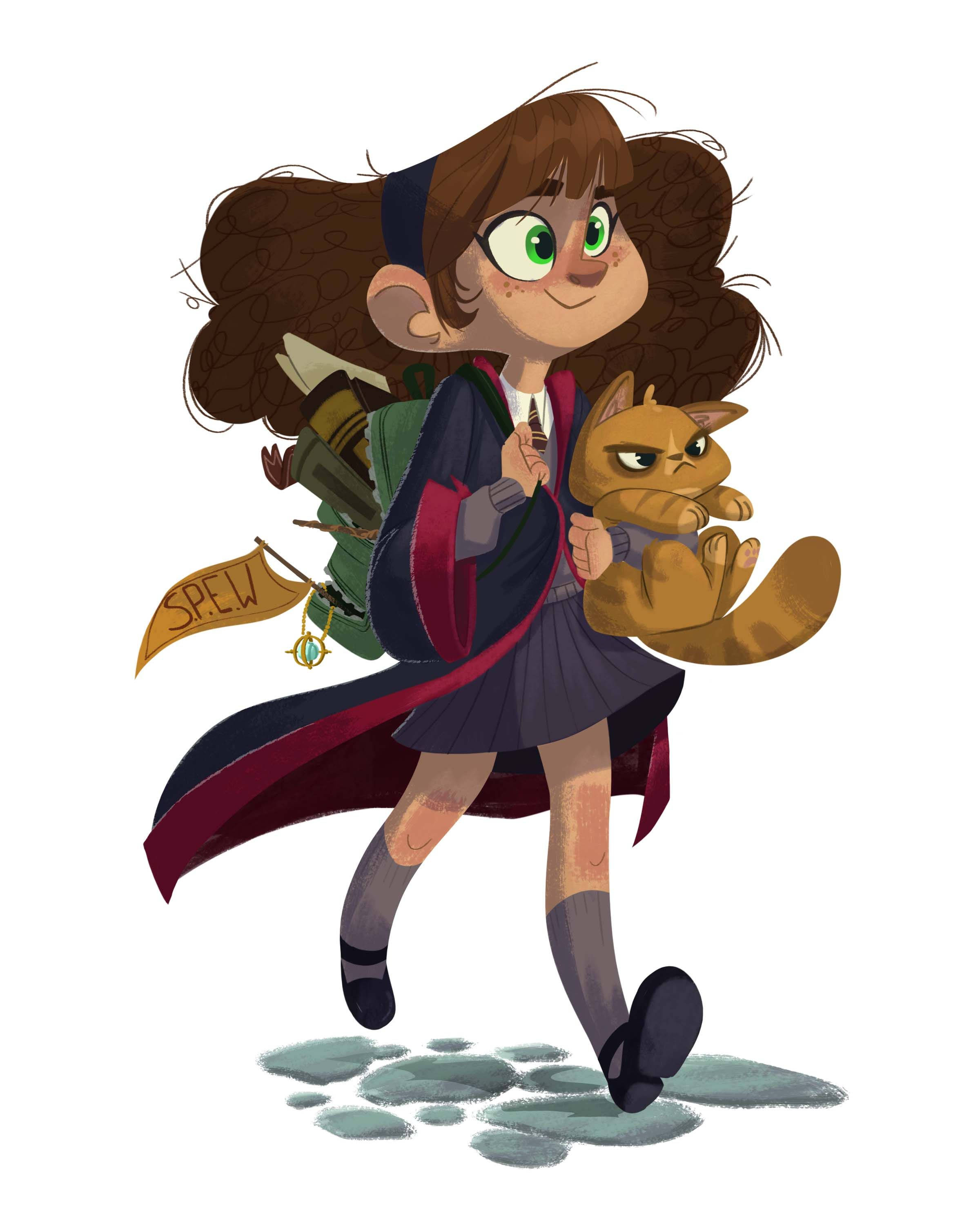 Hermione 桌布 壁紙 — 一位開朗的年輕女巫，綠眼睛，棕色捲髮，自信地走著，抱著一隻脾氣暴躁的橙色貓，背著一個魔法背包。