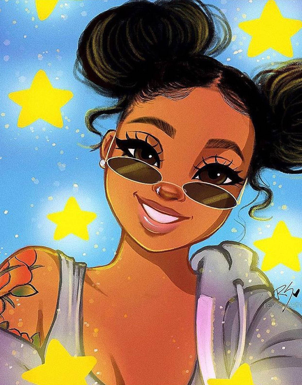 black cartoon girl 桌布 壁紙 — 一位開朗的年輕女性，深色頭髮紮成髮髻，戴著太陽眼鏡，在點綴著明亮黃色星星的藍天下微笑。