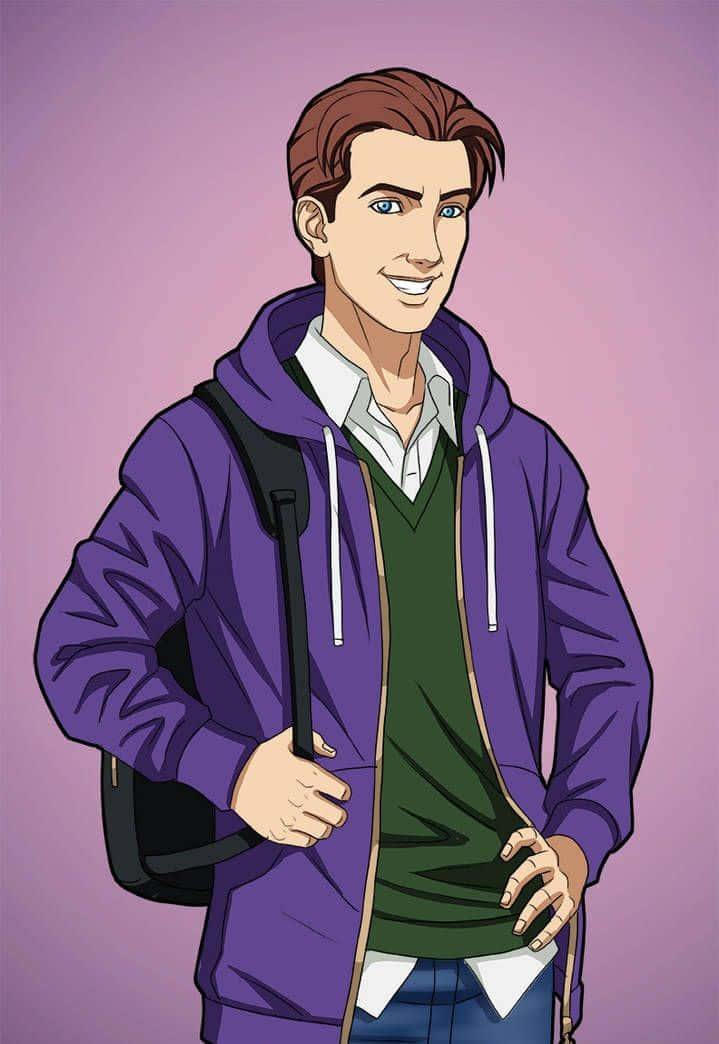 Harry Osborn 桌布 壁紙 — 一位開朗的年輕男子穿著紫色連帽衫和綠色毛衣，在純薰衣草色背景前微笑著拿著一個黑色背包。