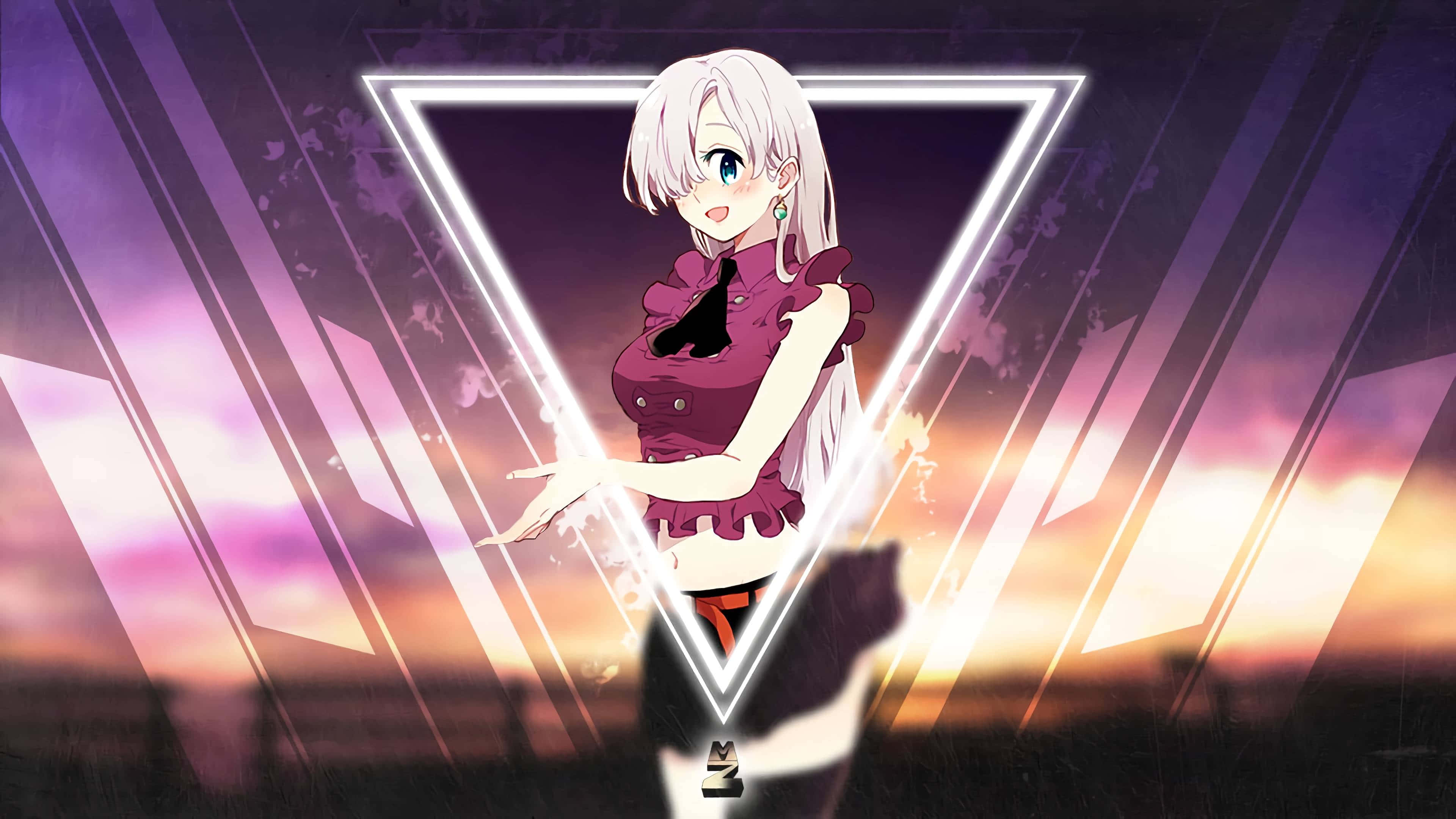 Seven Deadly Sins Elizabeth Liones 桌布 壁紙 — 一位開朗的白髮動漫女孩站在發光的三角形內，背景是充滿活力的日落天空。