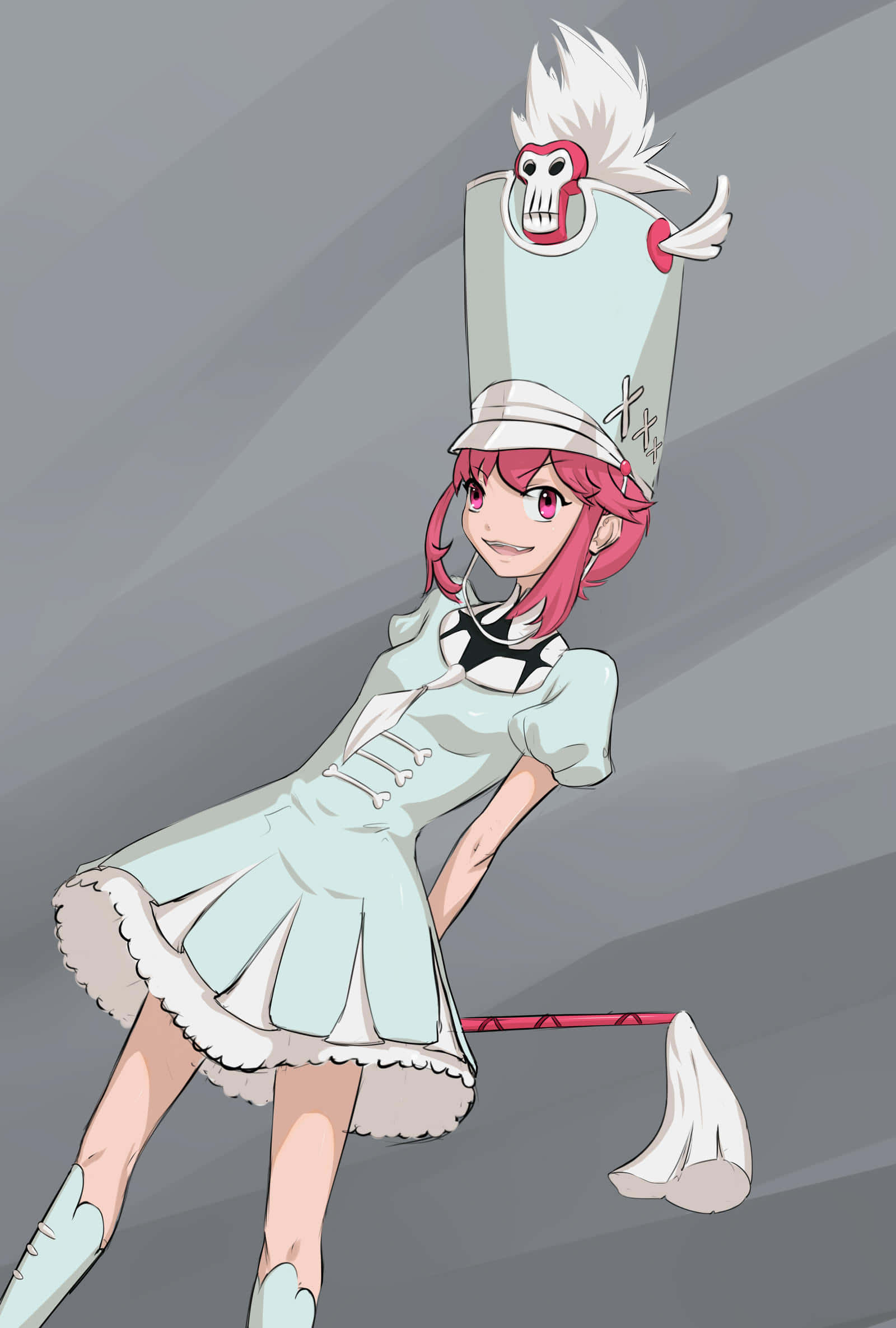 Nonon Jakuzure 桌布 壁紙 — 一位開朗的粉紅色頭髮動漫女孩，戴著一頂帶有骷髏圖案和蓬鬆白色羽毛的高白色帽子，穿著淺藍色連衣裙擺姿勢。