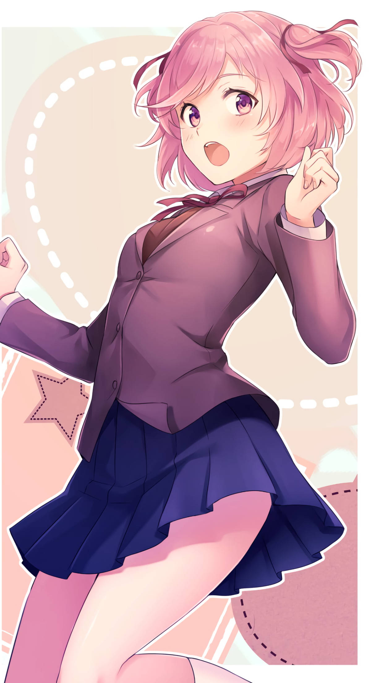literature 桌布 壁紙 — 一位開朗的粉紅色頭髮動漫女孩穿著校服，在帶有心形和星星圖案的柔和背景前擺出俏皮的姿勢。