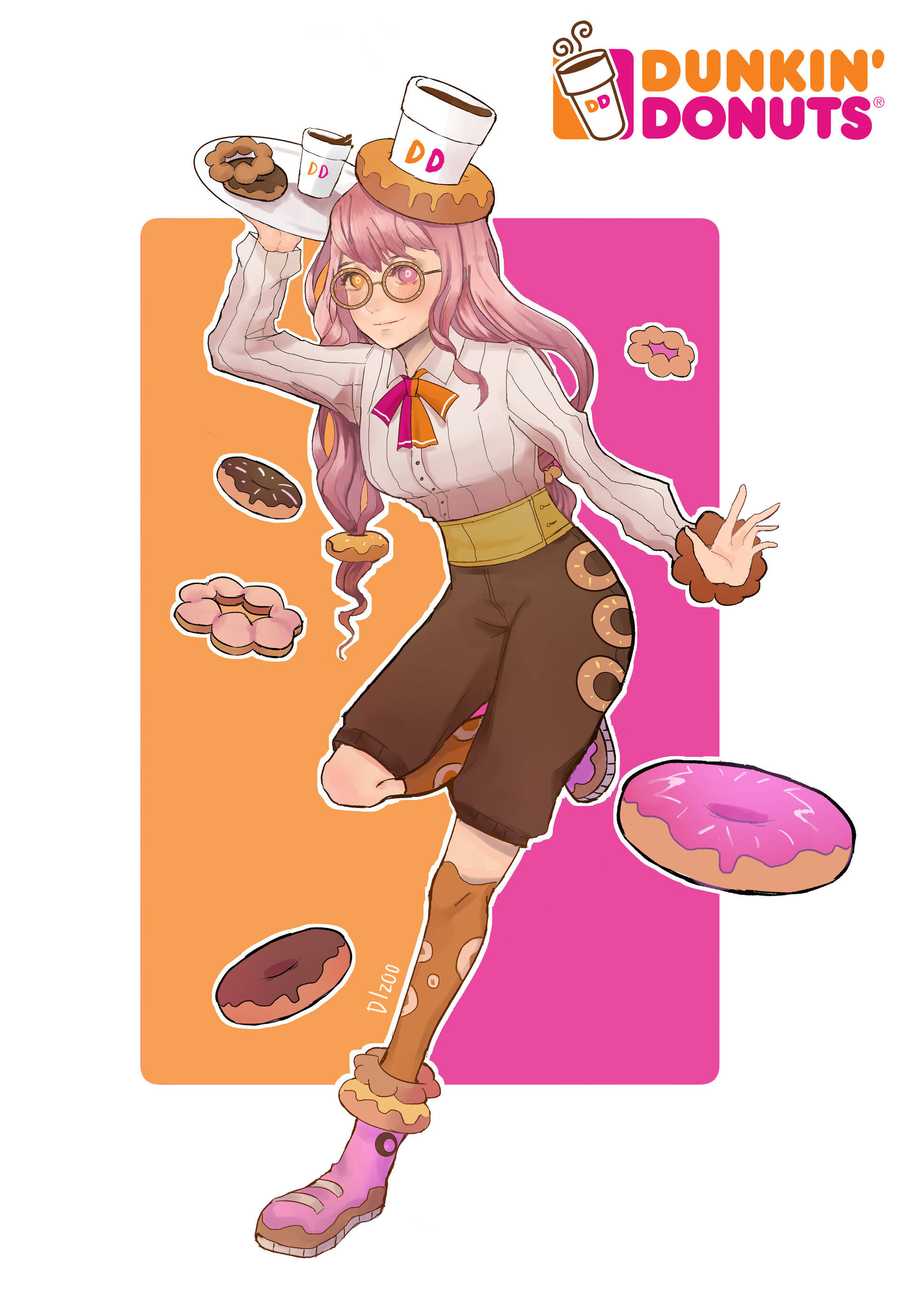 donuts 桌布 壁紙 — 一位開朗的粉紅髮動漫女孩平衡托盤上的甜甜圈和咖啡，周圍漂浮著糕點。