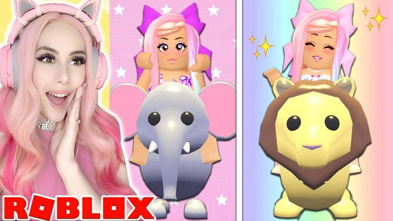 Roblox Desktop 桌布 壁紙 — 一位開朗的粉紅髮實況主微笑著，旁邊是騎著可愛大象和獅子絨毛玩具的Roblox虛擬角色，背景是閃爍的粉彩風格。