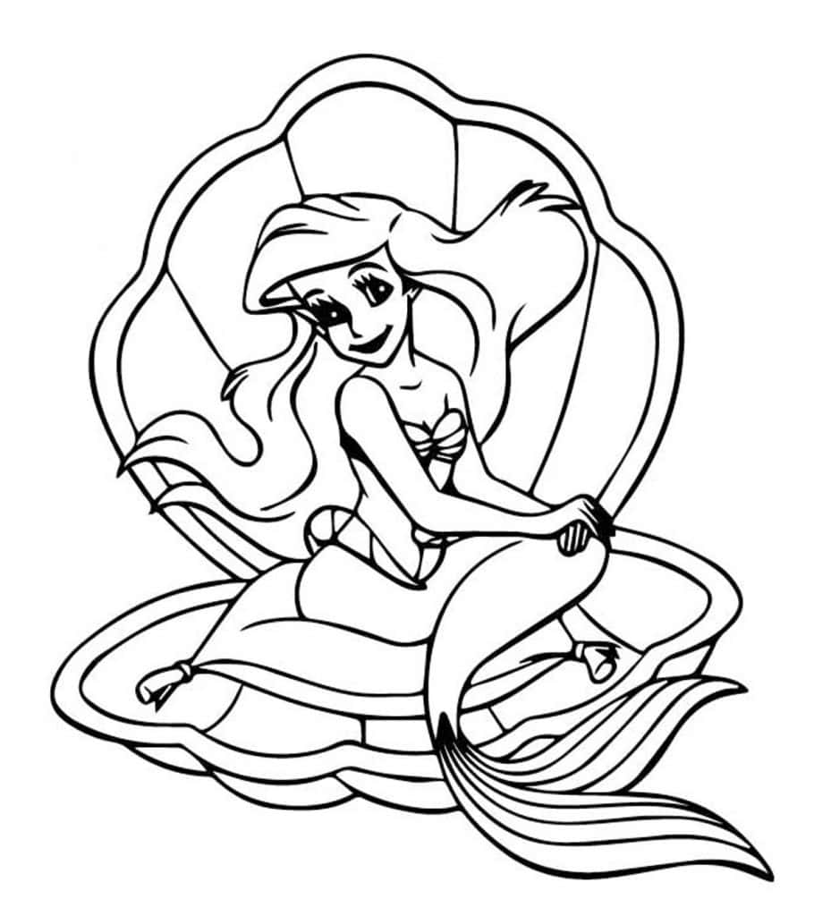 Mermaid Coloring 桌布 壁紙 — 一位開朗的美人魚，長髮飄逸，坐在一個大貝殼內，手持海螺號角，以粗黑線勾勒輪廓。