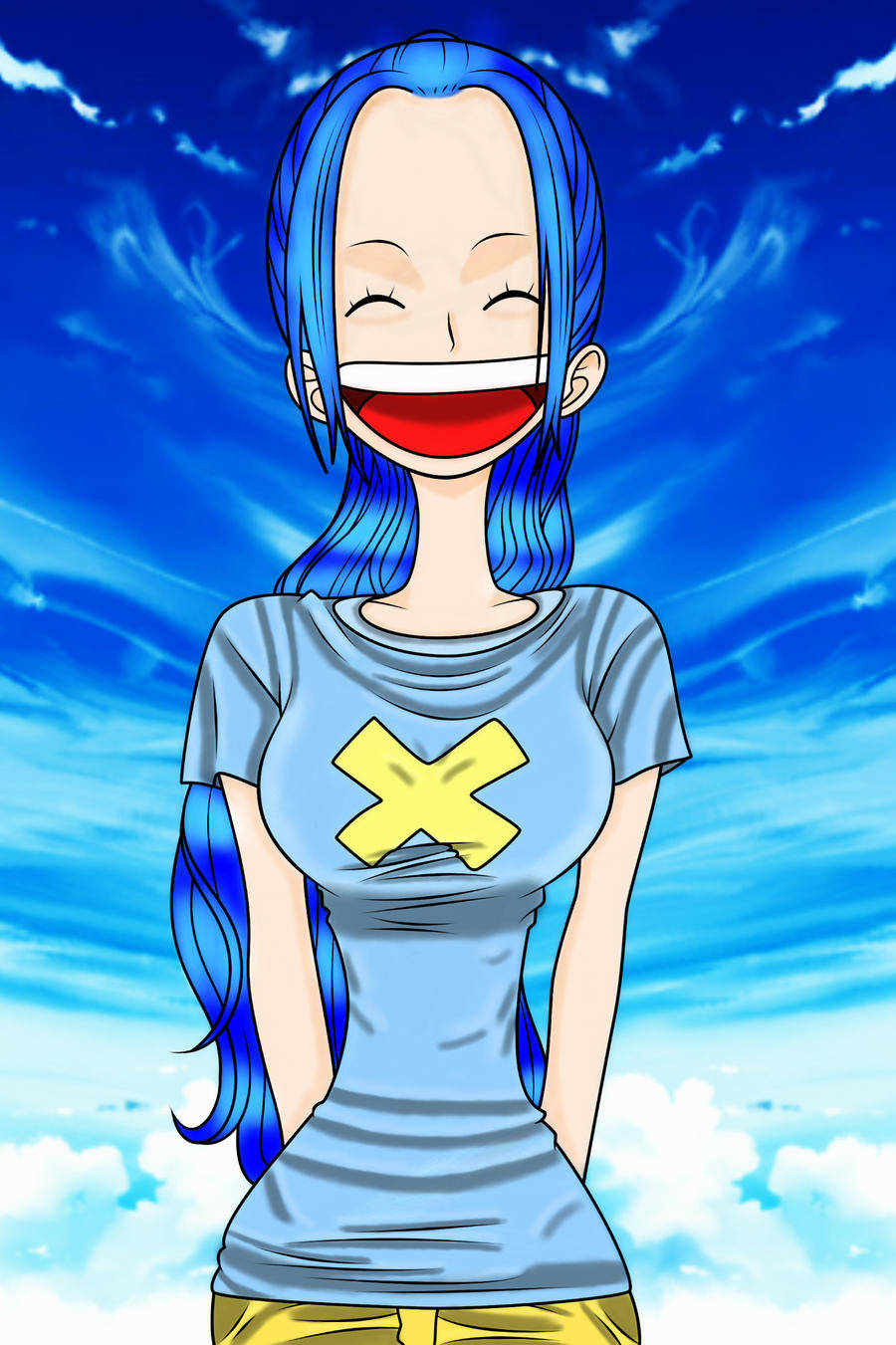 nefertari vivi 桌布 壁紙 — 一位開朗的藍髮動漫女孩，咧嘴大笑，身穿帶有黃色X的藍色襯衫，背景是湛藍的天空和縷縷白雲。