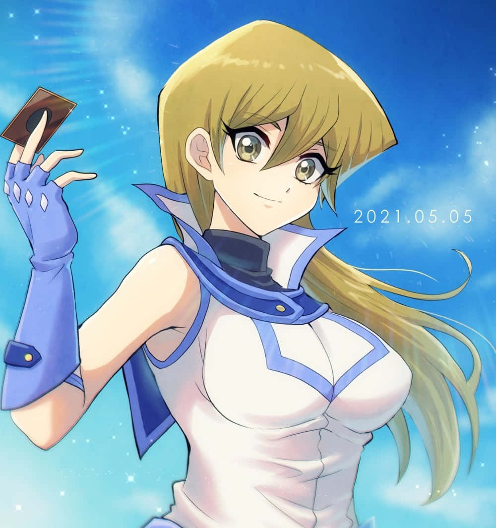 Alexis Rhodes 桌布 壁紙 — 一位開朗的金髮動漫女孩在明亮的藍天和閃爍的光芒中拿著一張卡片。