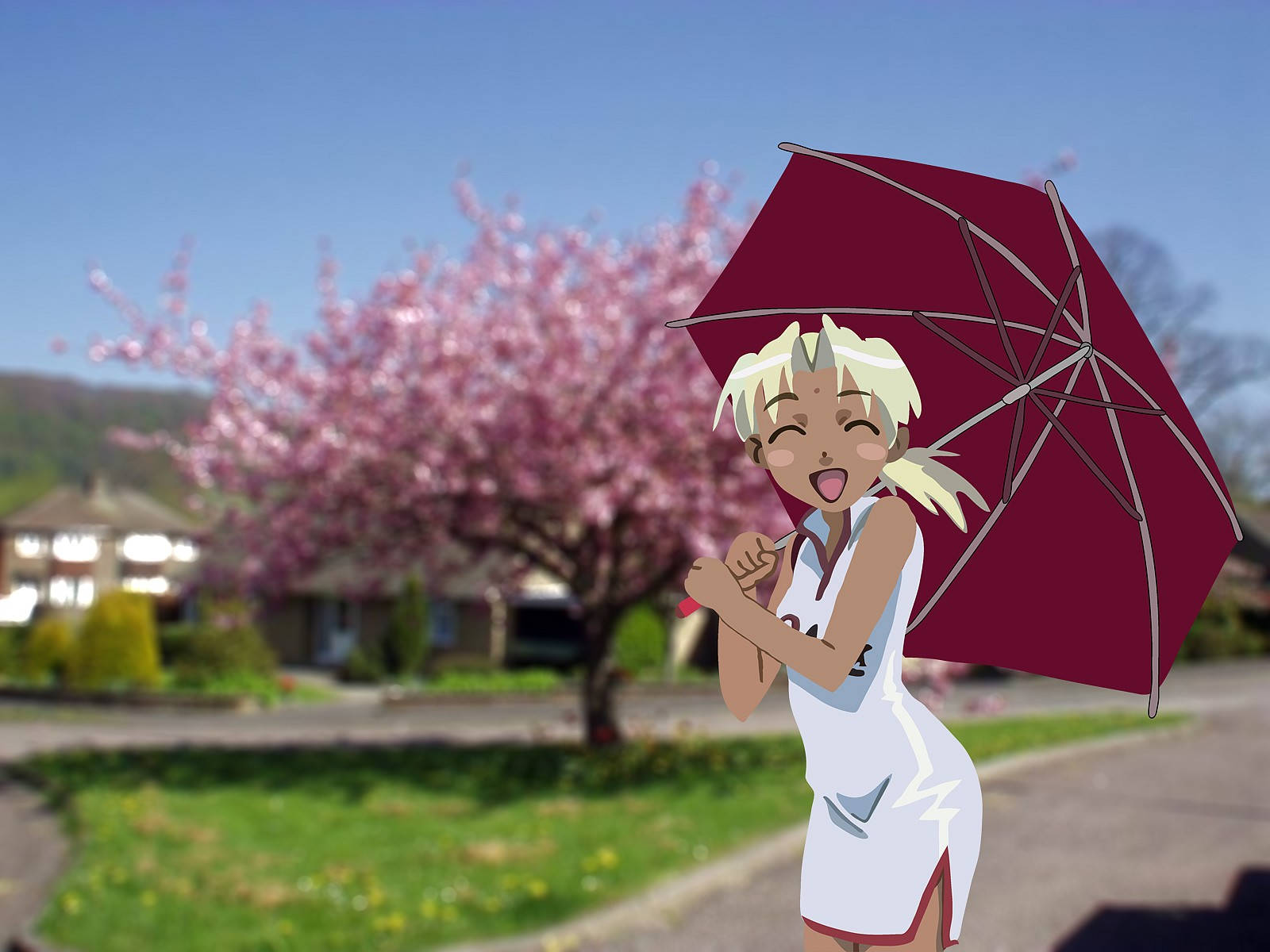 Hina 桌布 壁紙 — 一位開朗的金髮動漫女孩在晴朗的藍天下，靠近盛開的粉紅色櫻花樹，拿著一把栗色雨傘。