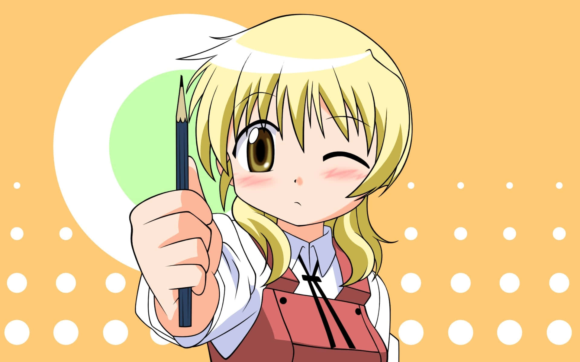 Cartoon Drawing 桌布 壁紙 — 一位開朗的金髮動漫女孩在橙色圓點背景前拿著鉛筆眨眼。