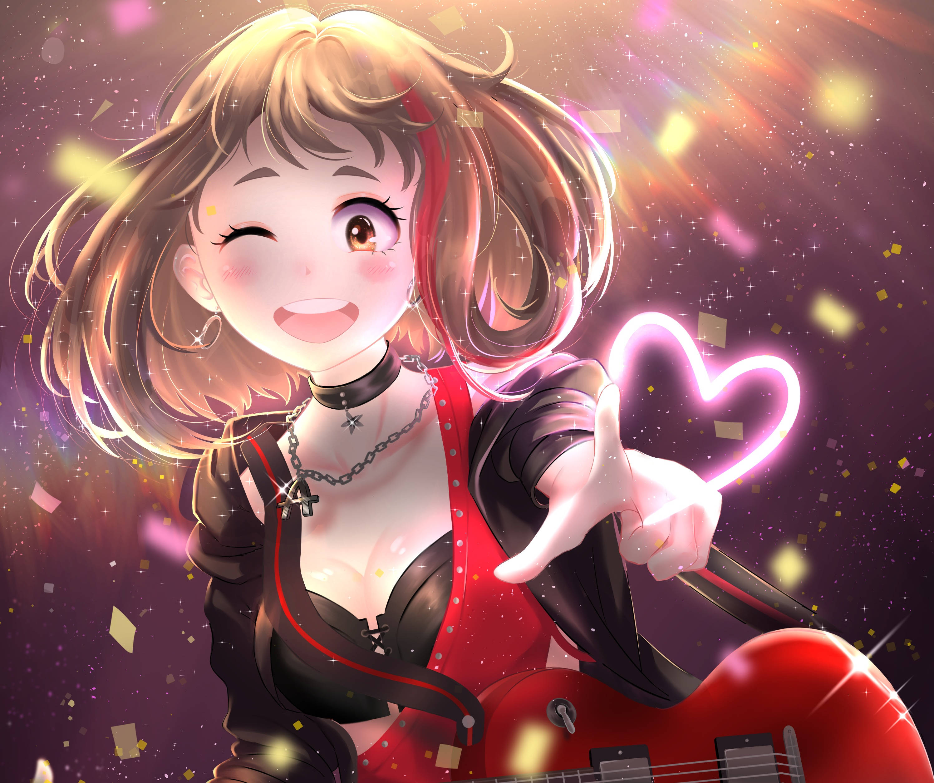Uraraka 桌布 壁紙 — 一位開朗的金髮動漫女孩在閃閃發光的五彩紙屑背景下眨眼，同時拿著發光的粉紅色心形和一把紅色電吉他。