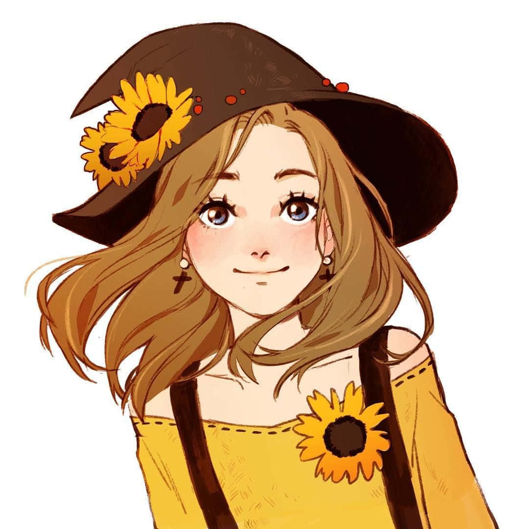 Aesthetic Cute Profile 桌布 壁紙 — 一位開朗的金髮動漫女孩戴著棕色帽子和黃色上衣，兩者都飾有向日葵。