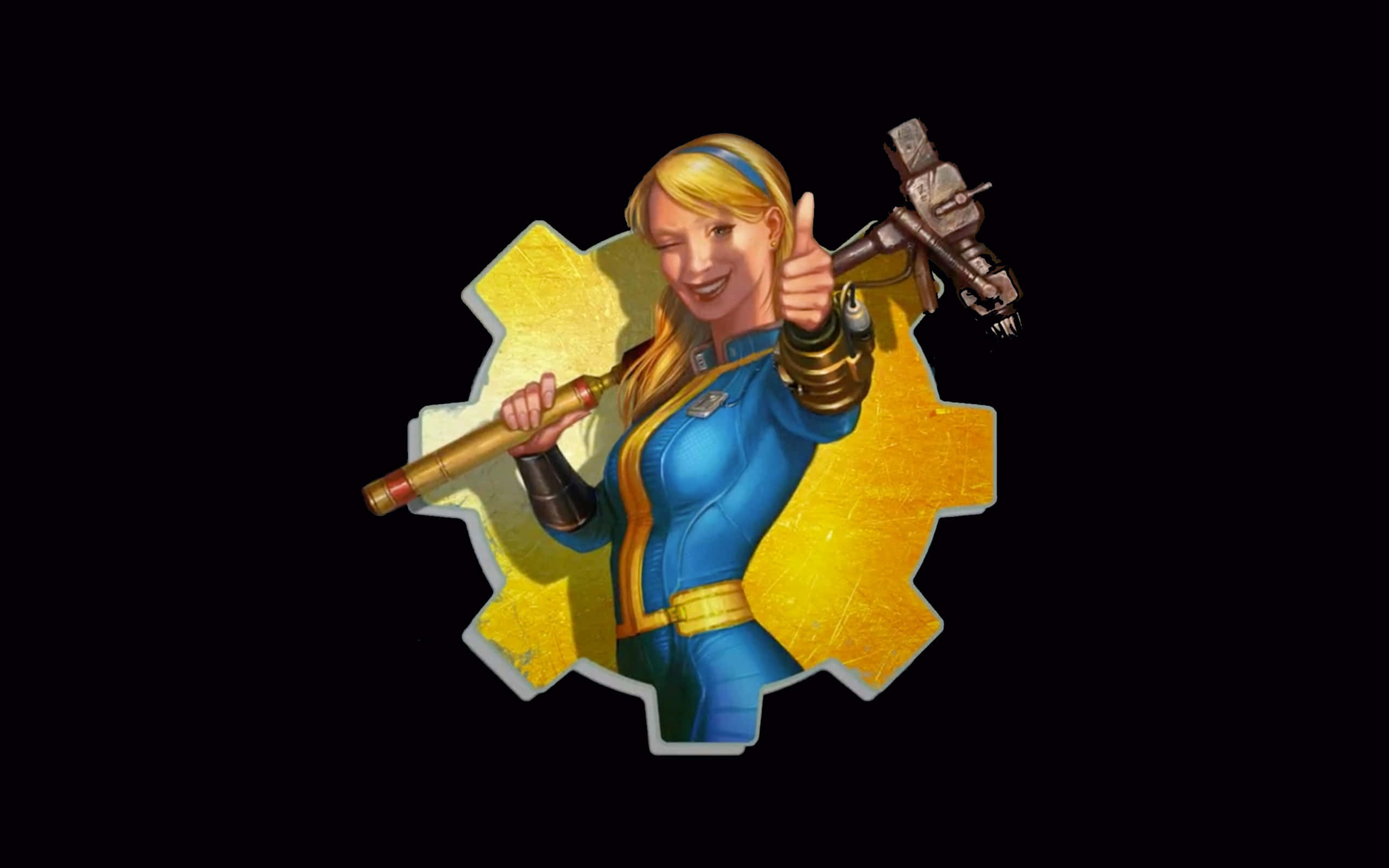 Vault-tec 桌布 壁紙 — 一位開朗的金髮女性穿著藍色連身褲，在發光的黃色齒輪前拿著未來武器豎起大拇指。