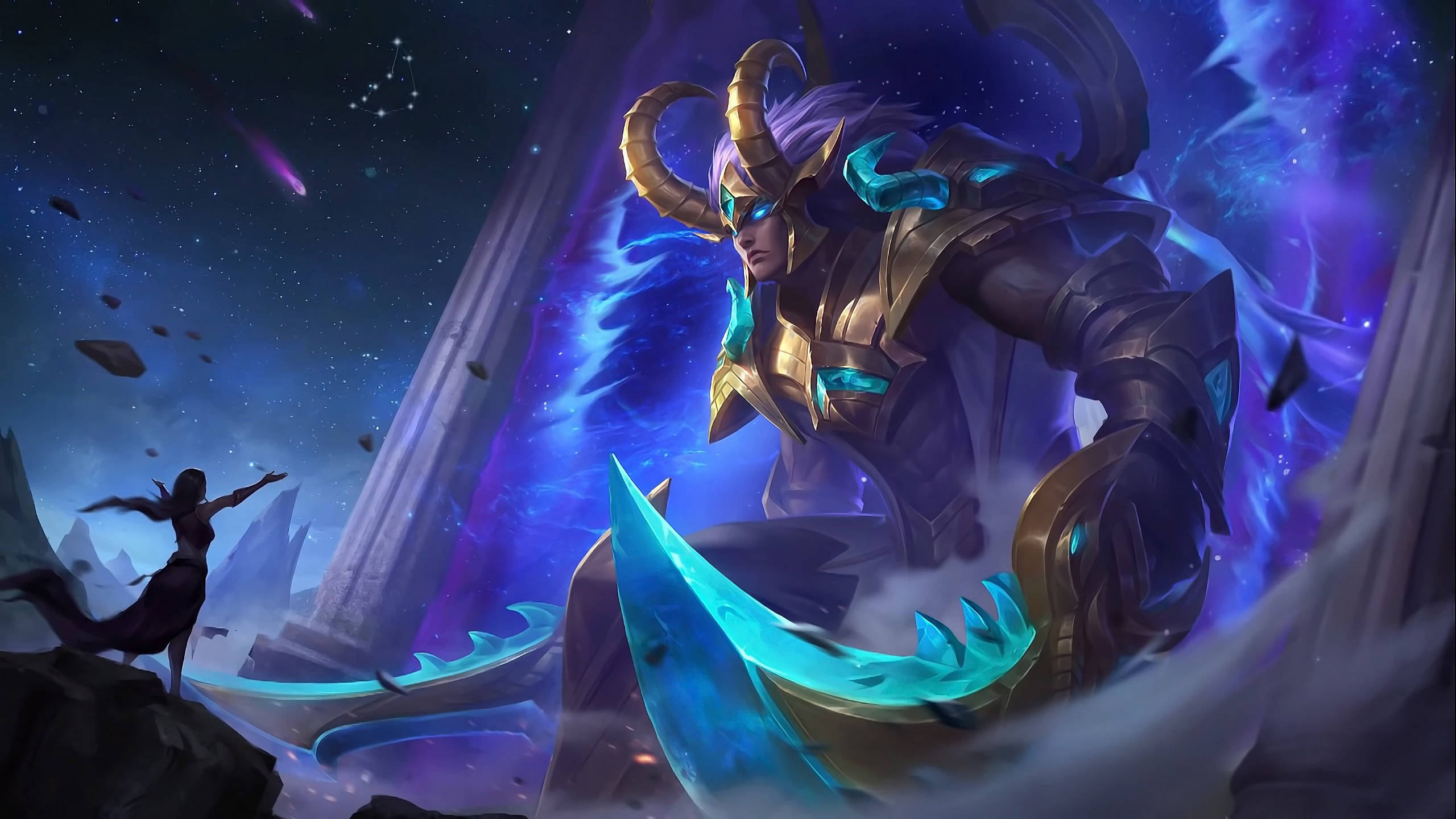 Mobile Legends 動態圖 桌布 壁紙 — 一位雄偉的角鬥士身穿金色盔甲，揮舞著發光的藍色劍，背景是宇宙星空和一個遙遠的身影。