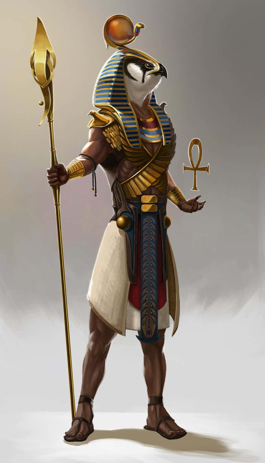 Egyptian Gods 桌布 壁紙 — 一位雄偉的鷹頭埃及神祇身著全套禮服，手持金色權杖和安卡，背景為中性攝影棚。