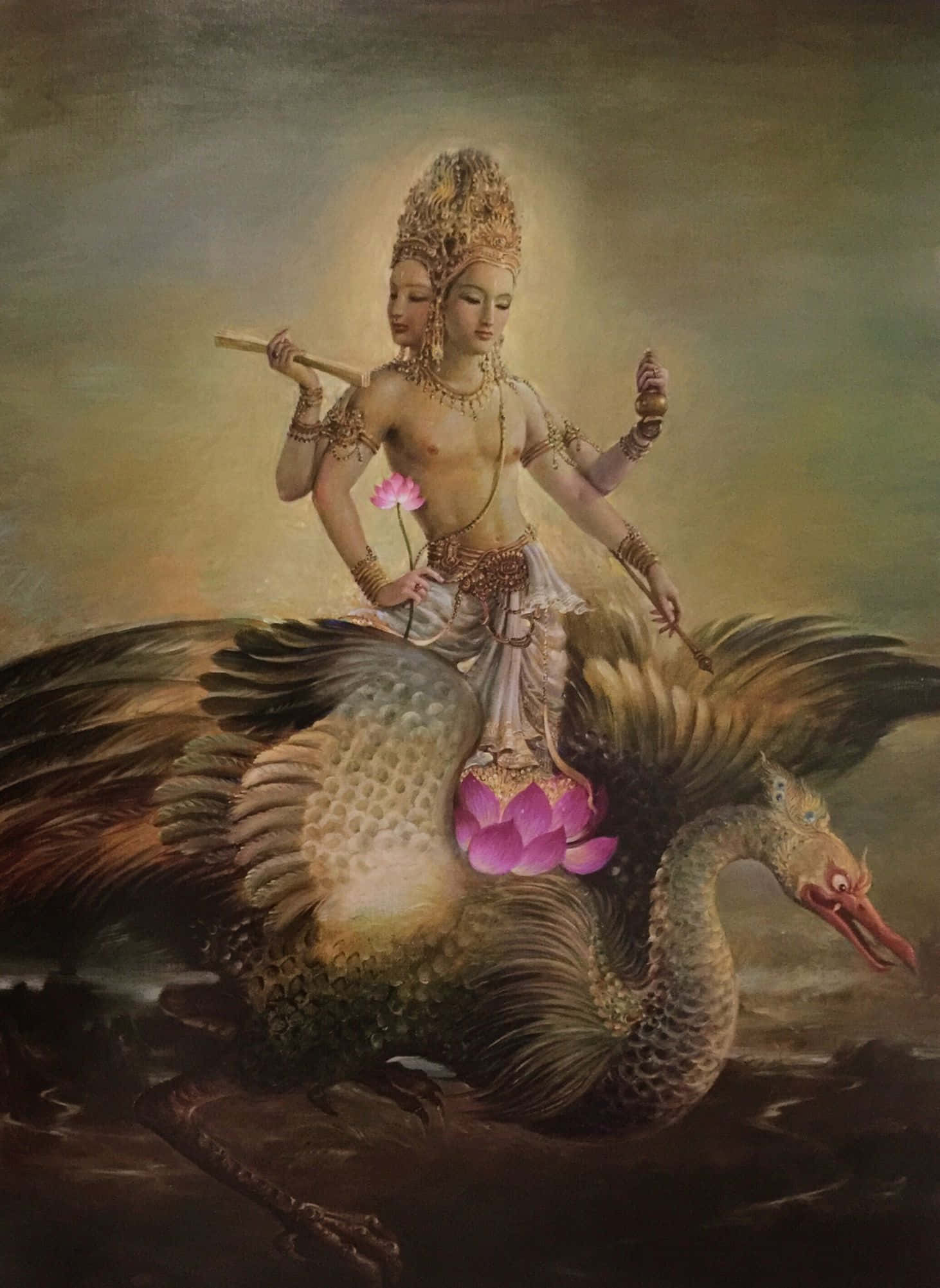 Indian God 桌布 壁紙 — 一位雙面女神佩戴黃金珠寶，騎著一隻從黑暗水域中浮現的雄偉天鵝，手持粉紅蓮花。