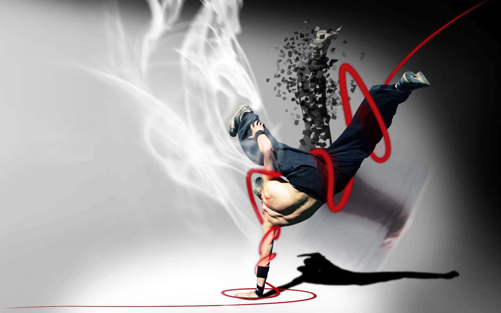 舞蹈 桌布 壁紙 — 一位霹靂舞者在灰色漸層背景上旋轉，帶有紅色能量線條和白色煙霧。
