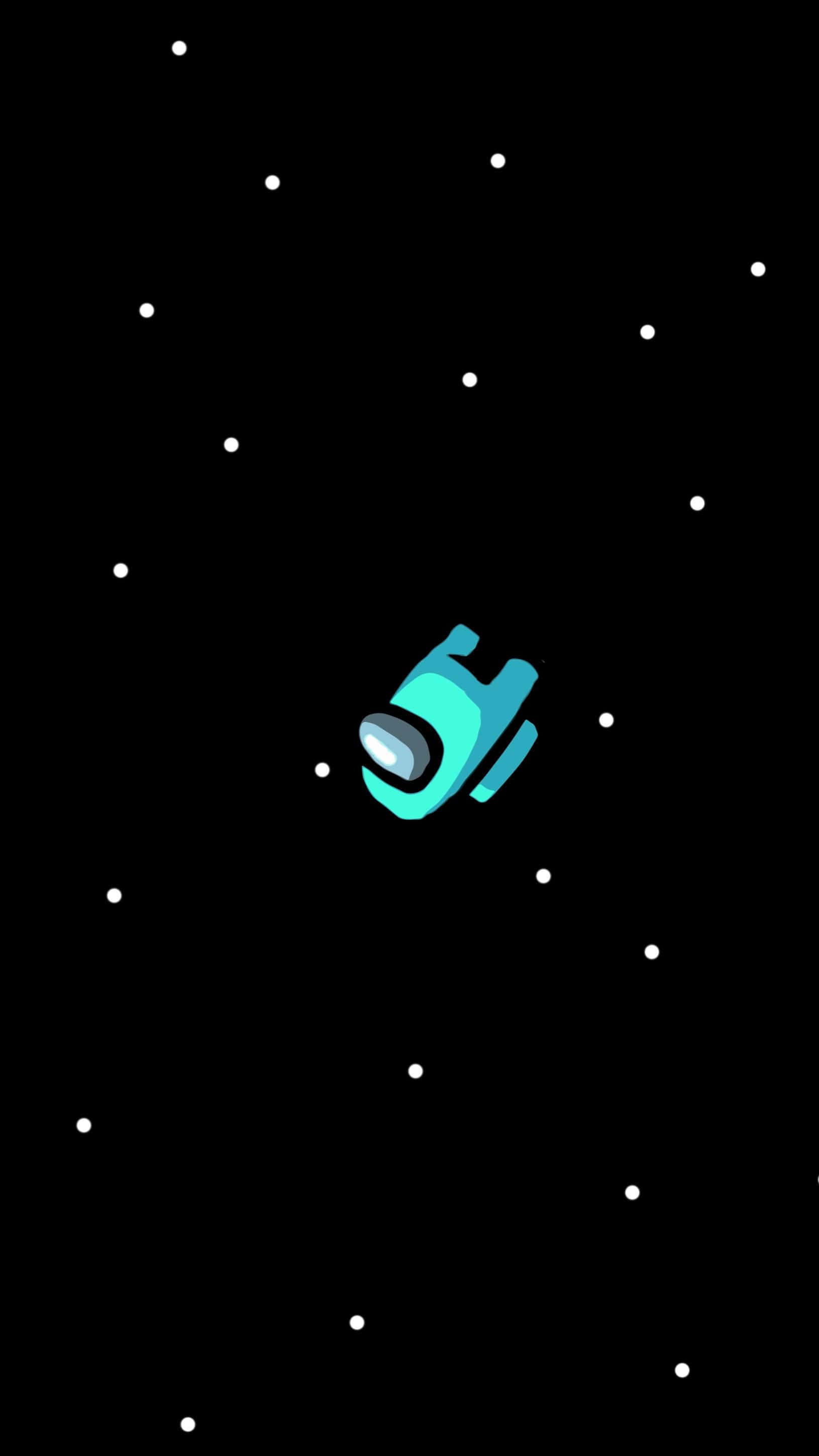 Among US Cool 桌布 壁紙 — 一位青綠色太空人獨自漂浮在佈滿星星的黑色虛空中，周圍散落著白色的星星。