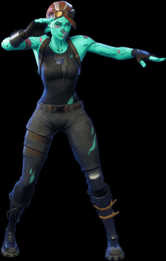 Fortnite Default Skin 桌布 壁紙 — 一位青綠色皮膚的外星女性身穿戰術裝備，一隻手敬禮，另一隻手伸向黑色背景。