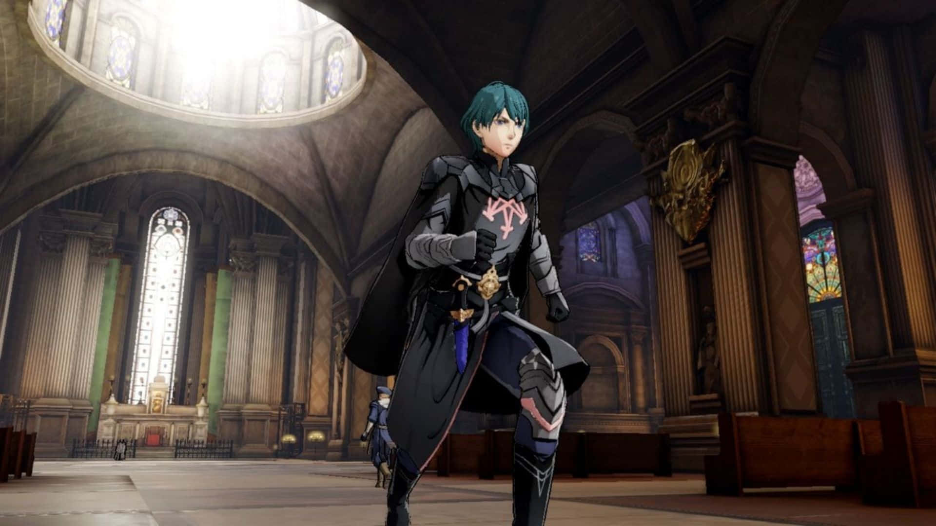 動漫風格的黑色盔甲騎士站在有彩繪玻璃窗的大教堂中。 — Fire Emblem Warriors 壁紙