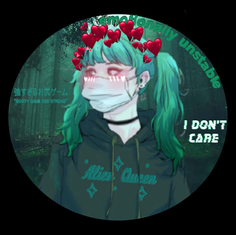 Discord Anime Pfp 桌布 壁紙 — 一位青綠色頭髮的動漫女孩，戴著口罩，頭頂漂浮著心形圖案，站在黑暗的森林中，並有文字疊加。