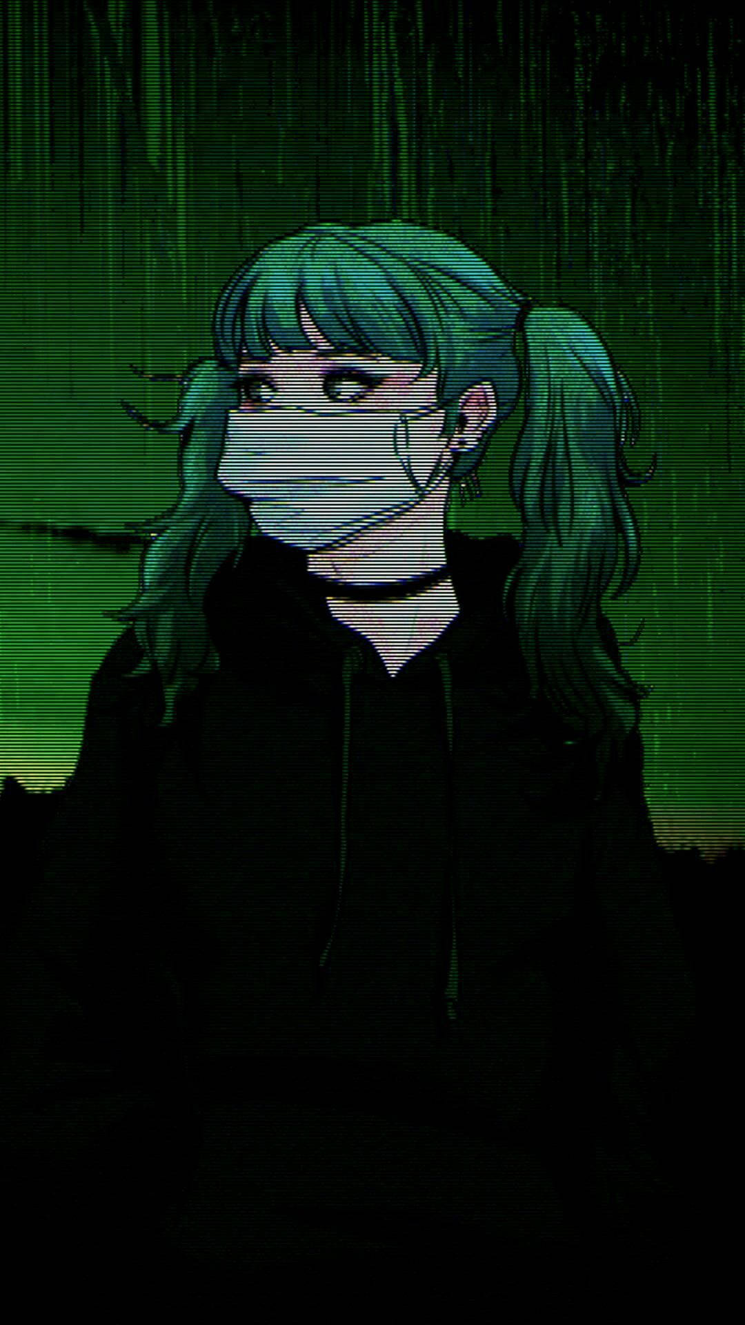 憂鬱少女美學 桌布 壁紙 — 一位青綠色頭髮的動漫女孩，穿著黑色連帽衫和口罩，站在帶有故障效果的綠色數位雨背景前。