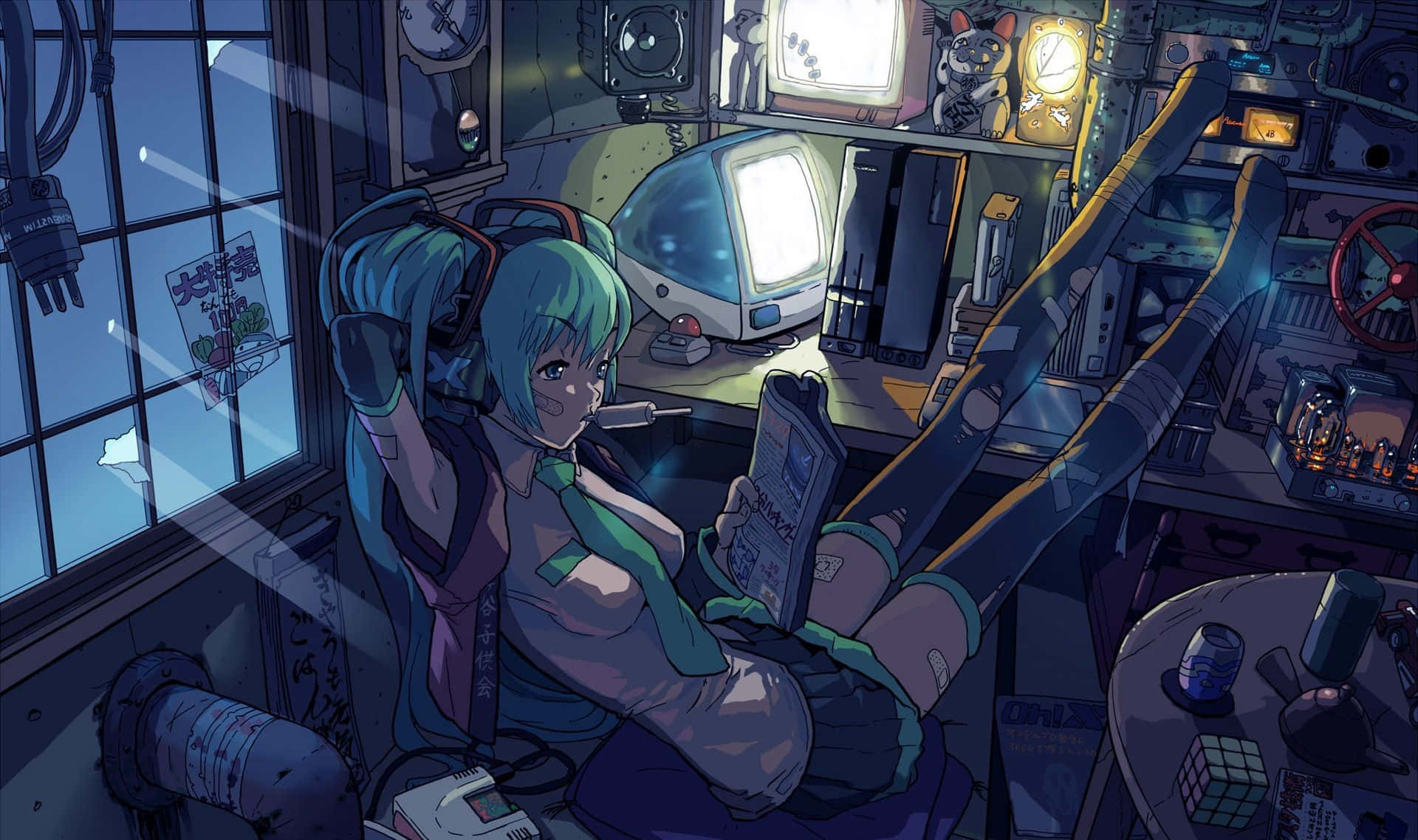 game 桌布 壁紙 — 一位青綠色頭髮的動漫女孩在雜亂的復古科技房間裡，在發光的顯示器和霓虹燈下看書放鬆。