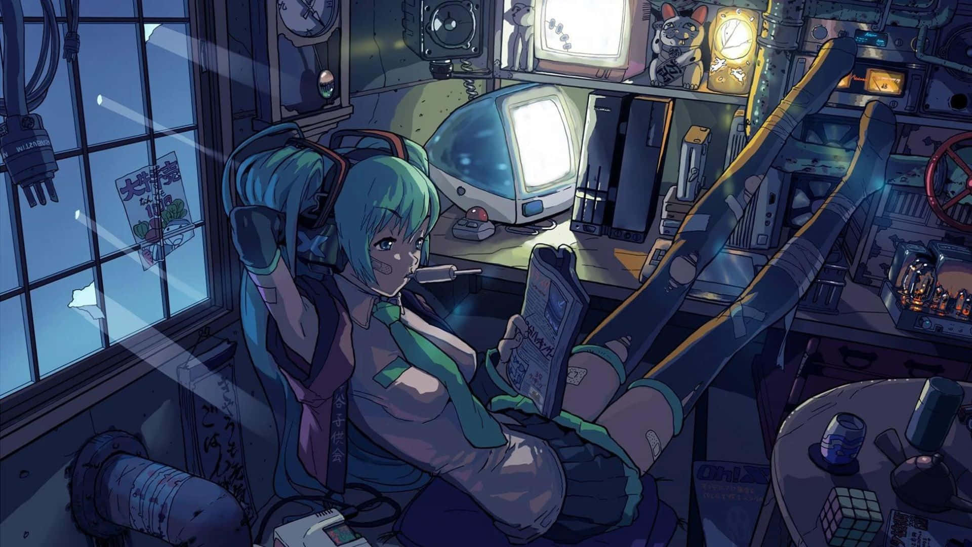 Aesthetic Anime Bedroom 桌布 壁紙 — 一位青綠色頭髮的動漫女孩在雜亂的復古科技房間裡放鬆，在發光的CRT顯示器燈光下閱讀漫畫。