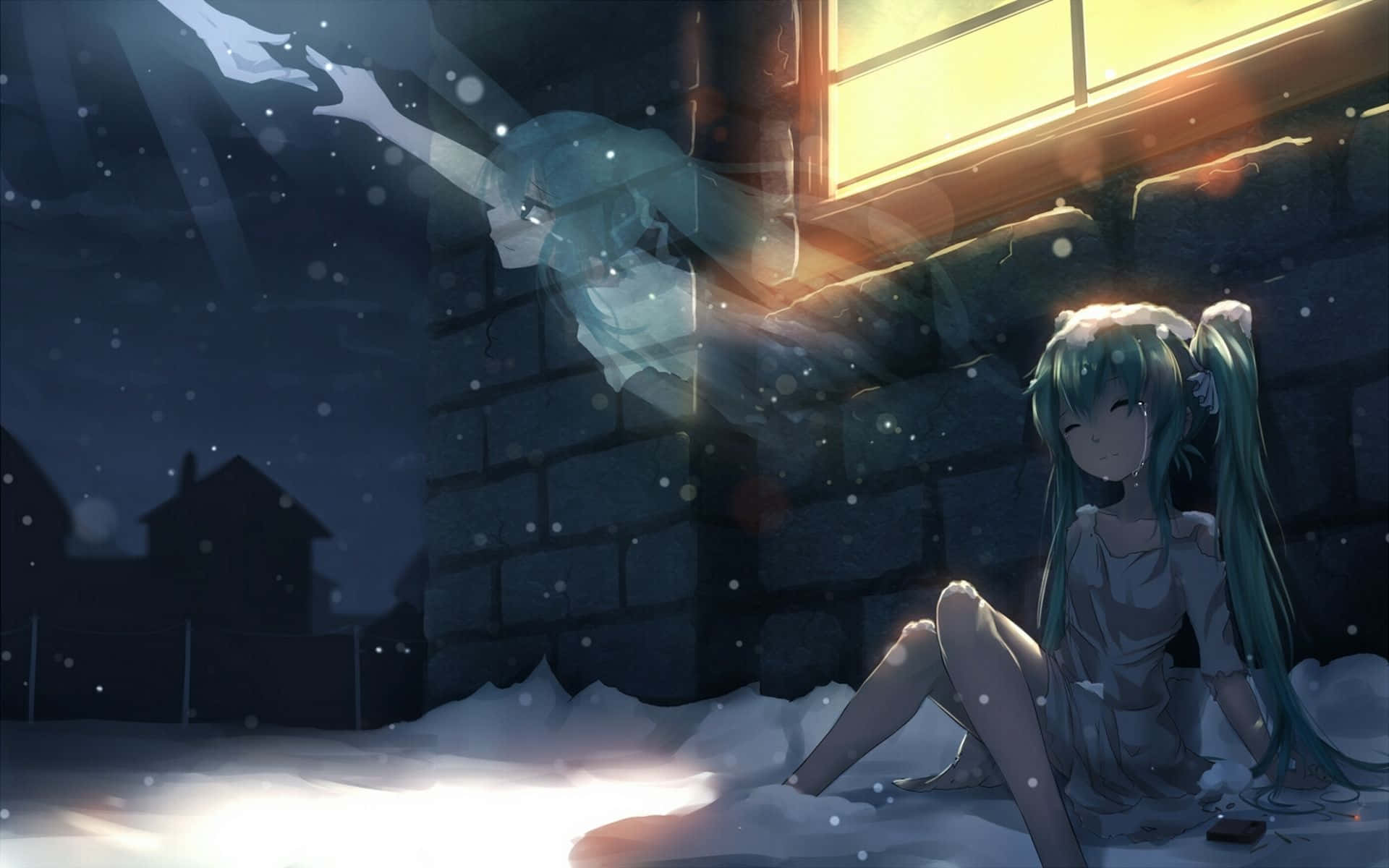 動漫 桌布 壁紙 — 一位青綠色頭髮的動漫女孩坐在雪地裡，旁邊是一扇發光的窗戶，一個半透明的幽靈般的身影在寂靜的冬夜裡向她伸出手。