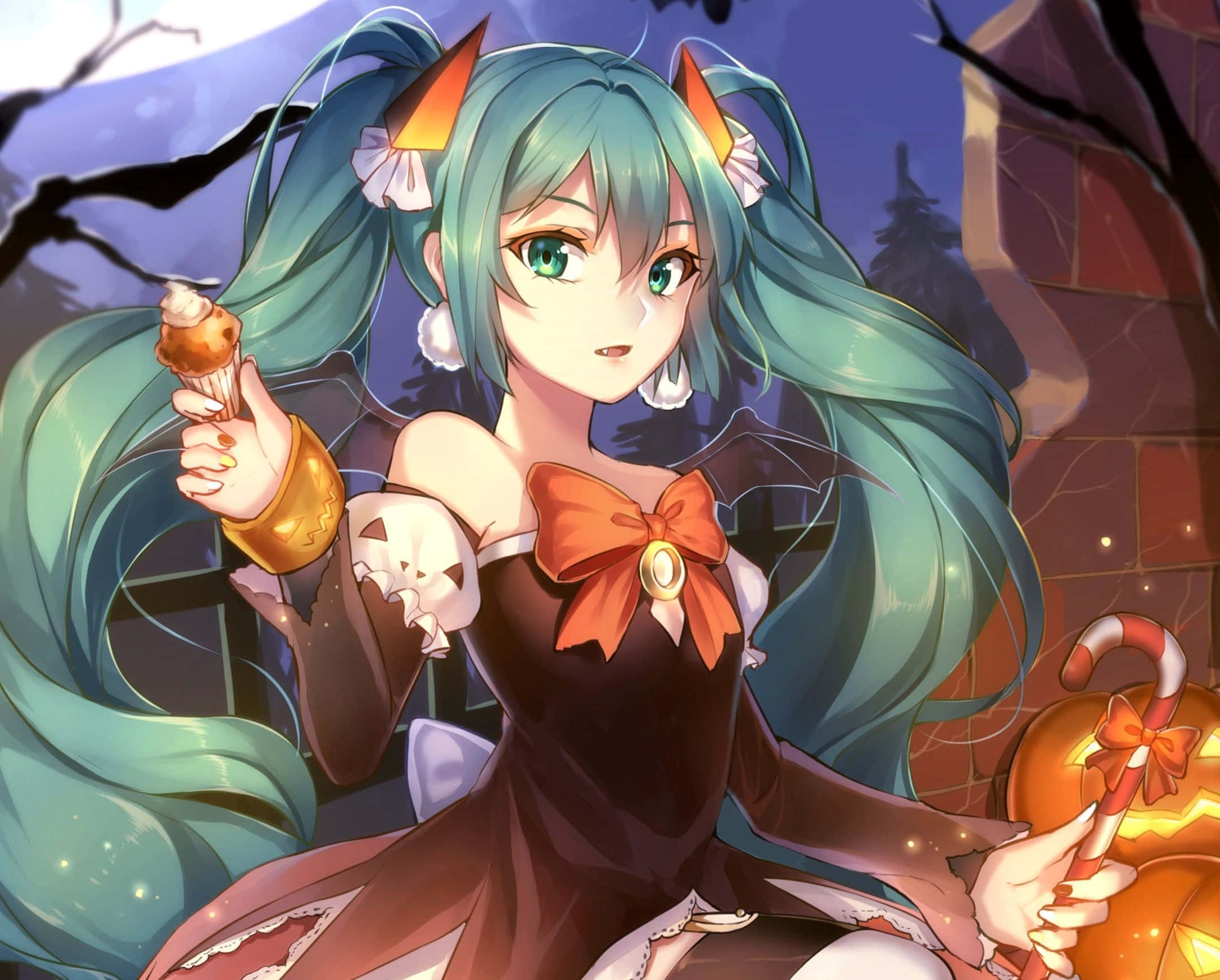 Halloween Profile 桌布 壁紙 — 一位青綠色頭髮的動漫女孩穿著萬聖節女巫服裝，在詭異的月光背景下拿著紙杯蛋糕和拐杖糖。