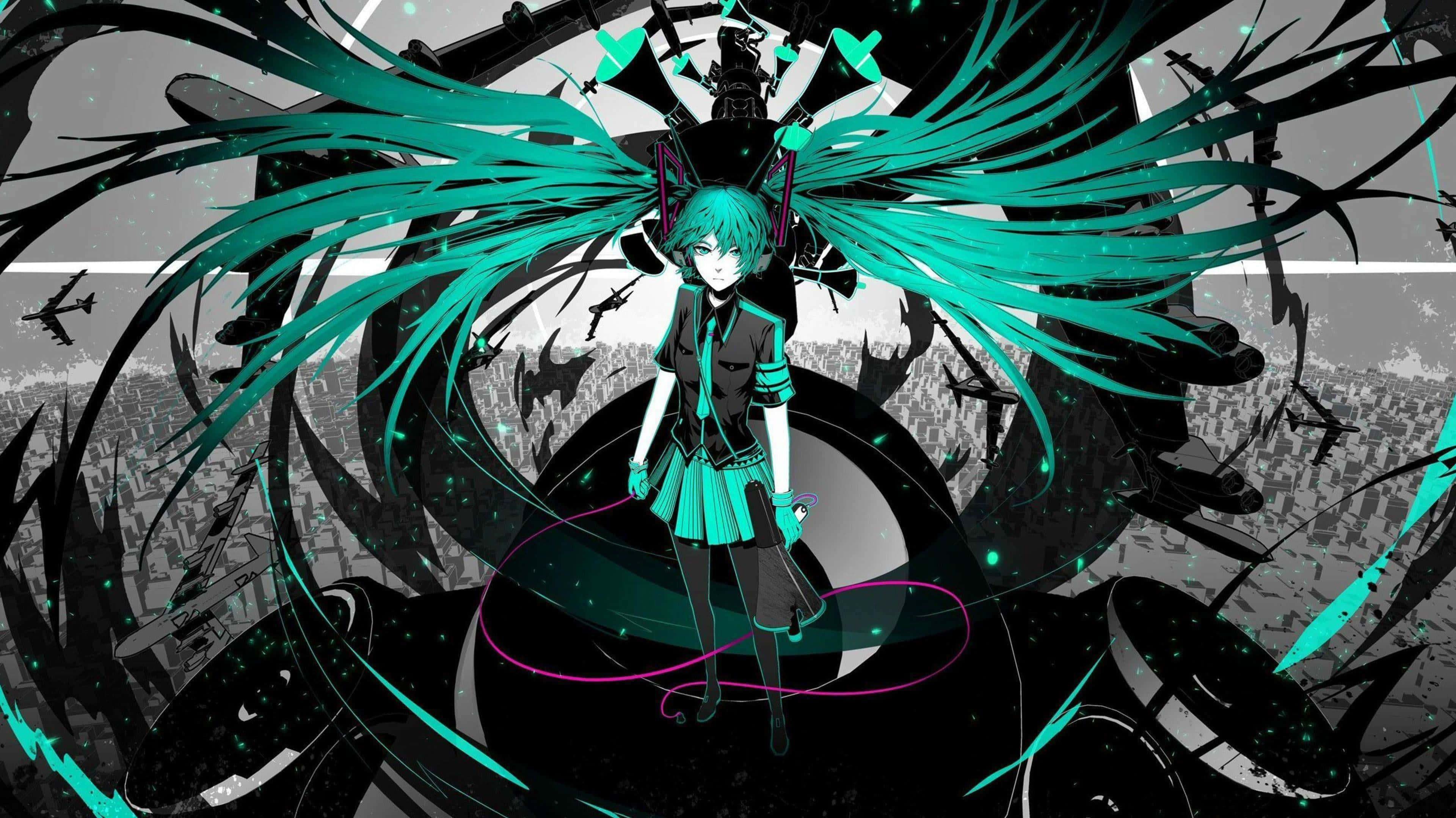 初音未來 桌布 壁紙 — 一位青綠色頭髮的動漫女孩站在旋轉的黑暗機械和發光粒子之中，背景是單色城市景觀。
