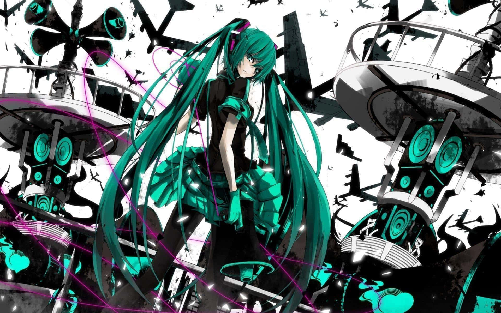 初音未來 桌布 壁紙 — 一位青綠色頭髮的動漫女孩站在破碎的機械碎片中，帶有發光的點綴和紫色能量線。