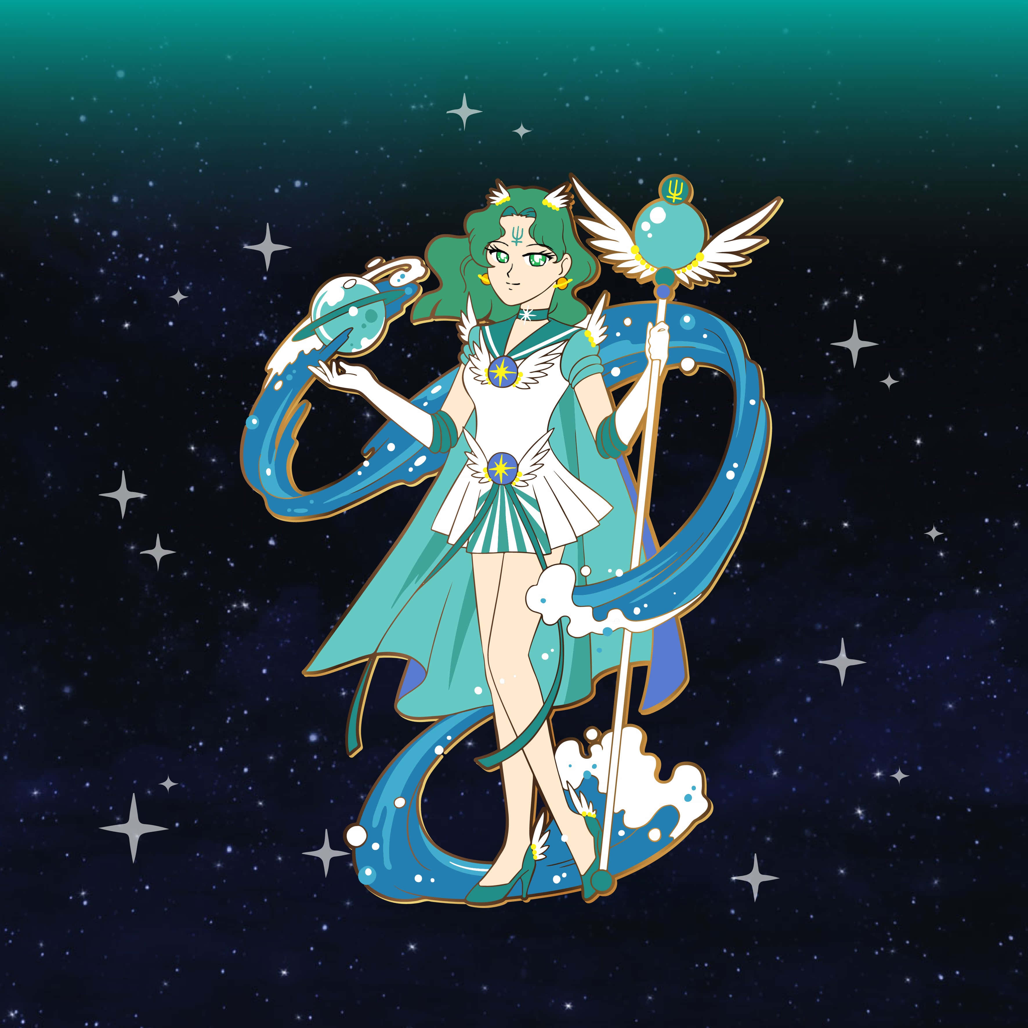 sailor neptune 桌布 壁紙 — 一位青綠色頭髮的動漫女神，身穿飄逸的藍白服裝，站在星空夜空下，手持法杖和球體。