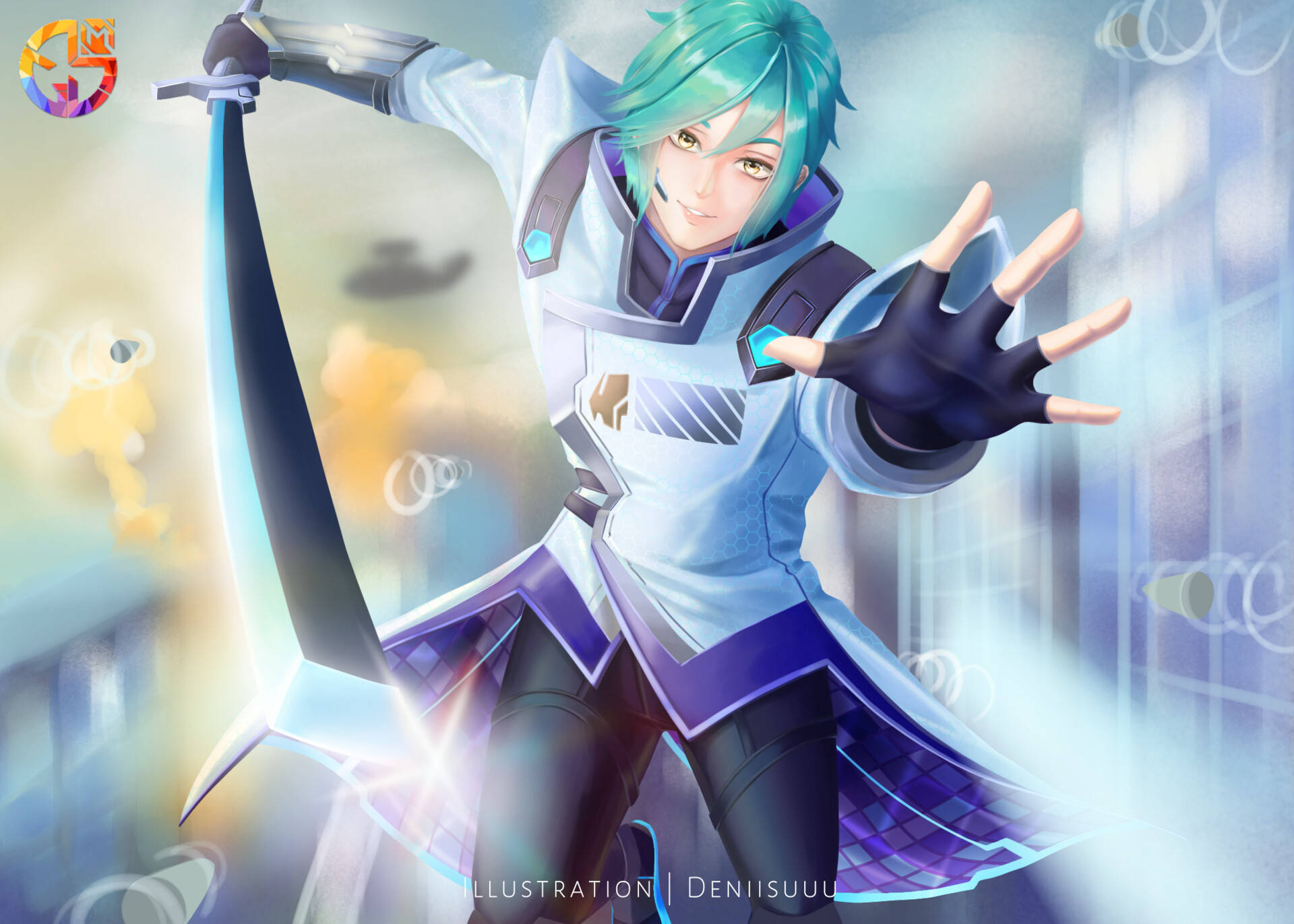 Mobile Legends 動態圖 桌布 壁紙 — 一位青綠色頭髮的動漫戰士，身穿白色和紫色盔甲，在明亮的抽象背景前自信微笑，揮舞著發光的劍。