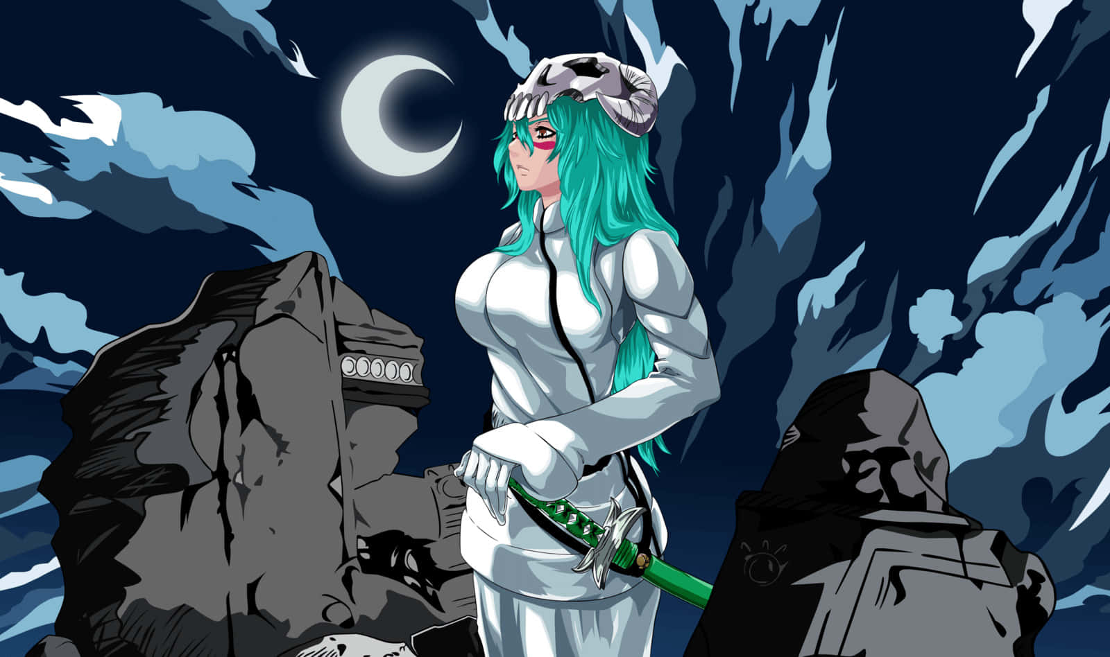Nelliel Tu Odelschwanck 桌布 壁紙 — 一位青綠色頭髮的動漫戰士穿著白色盔甲，在暴風雨夜空的彎月下手持綠色劍站立。
