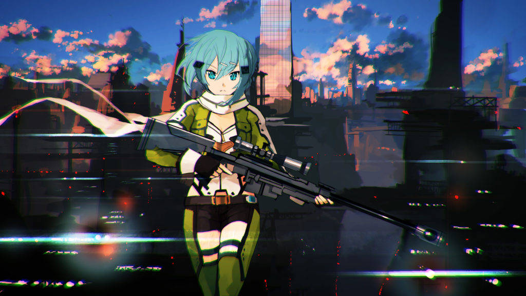 Shooting 桌布 壁紙 — 一位青髮動漫女孩身穿綠色戰術裝備，在黃昏時分霓虹閃爍的未來城市天際線背景下手持狙擊步槍。