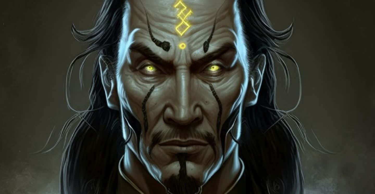 Mortal Kombat Shang Tsung 桌布 壁紙 — 一位面容嚴肅的奇幻戰士，擁有發光的黃色眼睛和發光的額頭標記，在黑暗背景下強烈凝視。