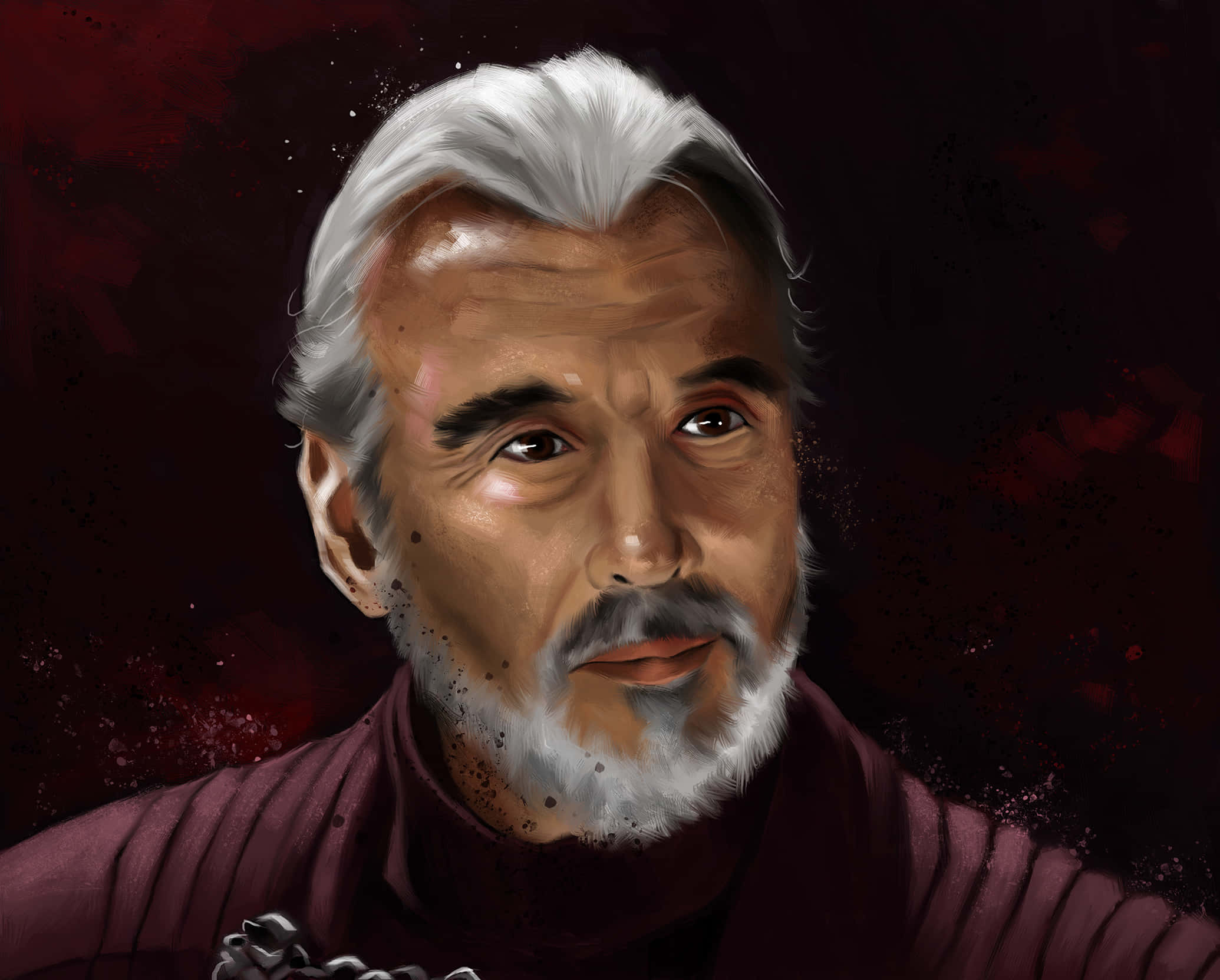 Count Dooku 桌布 壁紙 — 一位面容嚴肅的白髮白鬍子老人，身穿栗色長袍，背景為深紅色紋理。