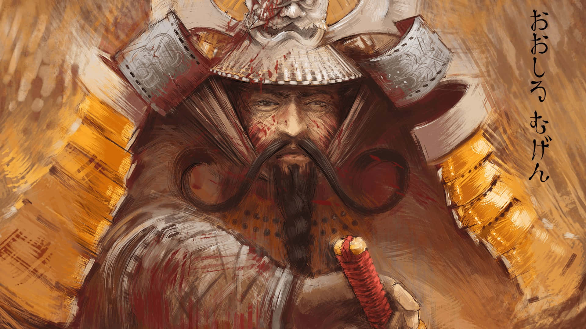 Shogun 桌布 壁紙 — 一位面容血污、頭戴華麗頭盔的兇猛武士，在旋轉的金色背景中緊握著一把武士刀。