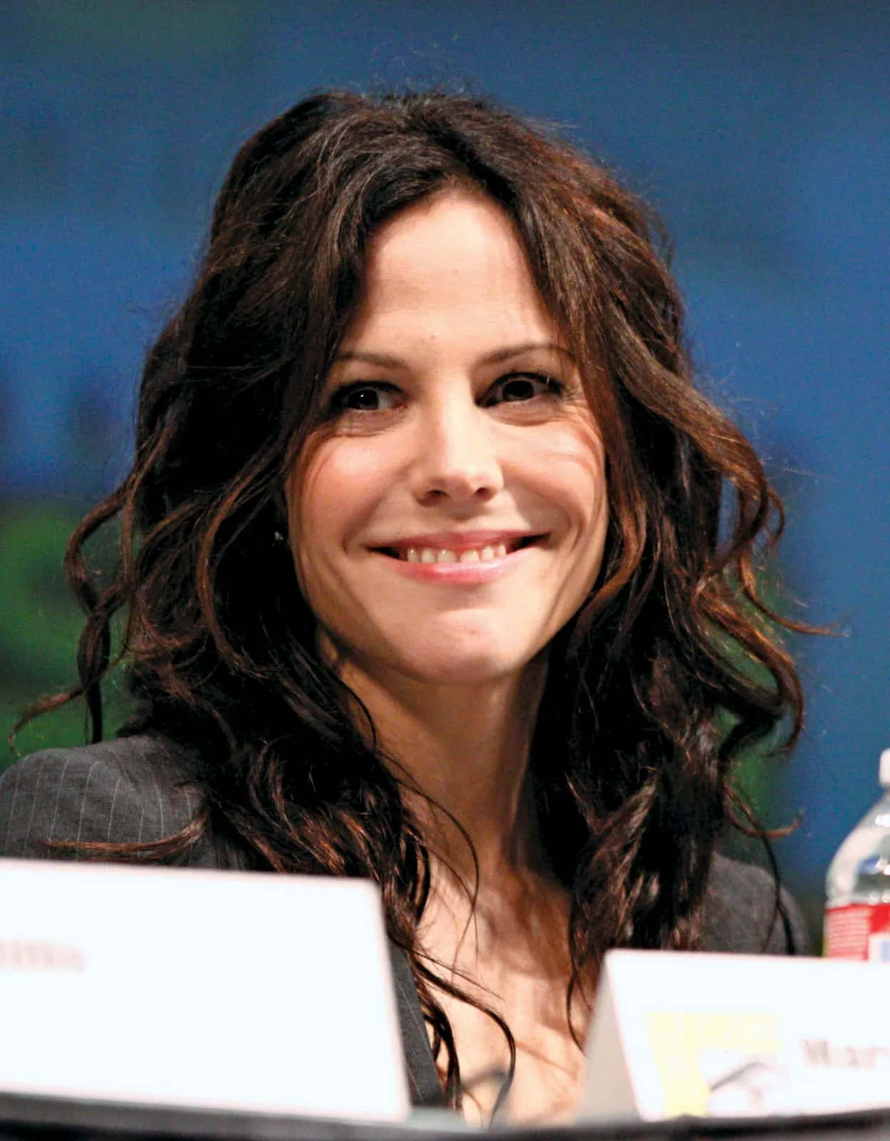 mary louise parker 桌布 壁紙 — 一位面帶微笑、擁有波浪深色頭髮的女性坐在設有名牌和礦泉水的座談會桌前。