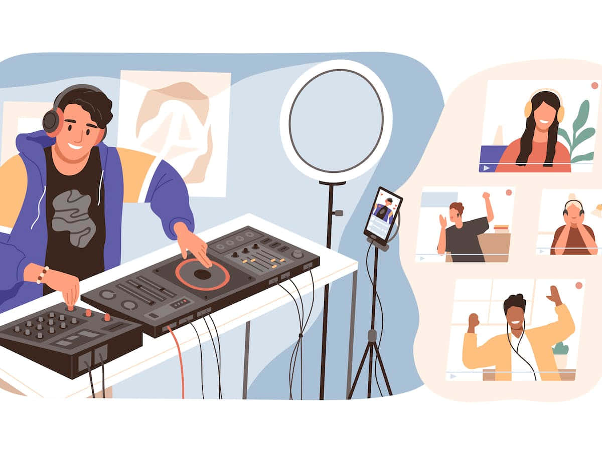 DJ 桌布 壁紙 — 一位面帶微笑的DJ戴著耳機在唱盤上混音，同時透過視訊通話向投入的線上觀眾進行直播。