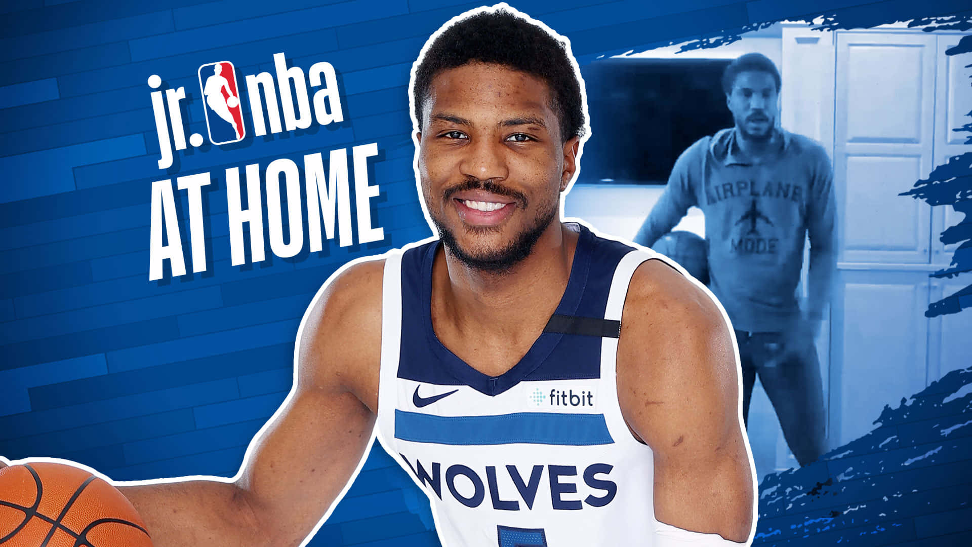 NBA球員身穿灰狼隊球衣，手持帶有「jr nba AT HOME」字樣的籃球。 — NBA 壁紙