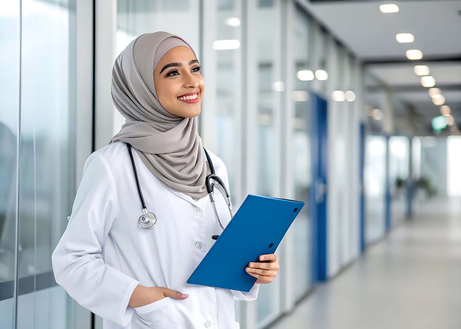 Doctor in hospital hall 壁紙 — 一位面帶微笑的女醫生，身穿白袍和米色頭巾，站在明亮現代化的醫院走廊中，手持藍色剪貼板。