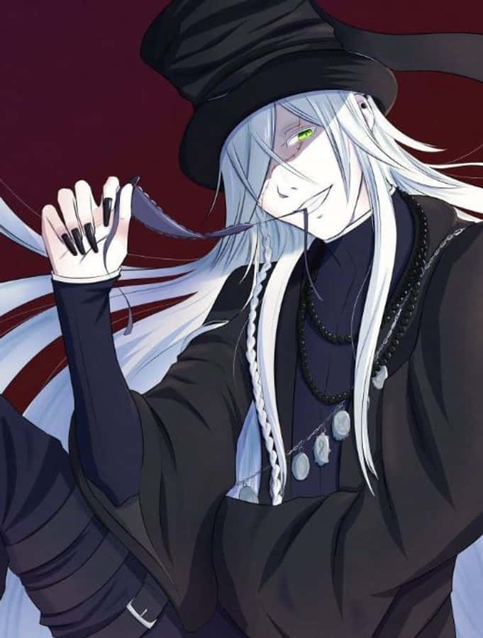 Black Butler Undertaker 桌布 壁紙 — 一位面色蒼白的動漫女巫，銀色頭髮和綠色眼睛，在深紅色背景前微笑著手持黑色尖端的魔杖。