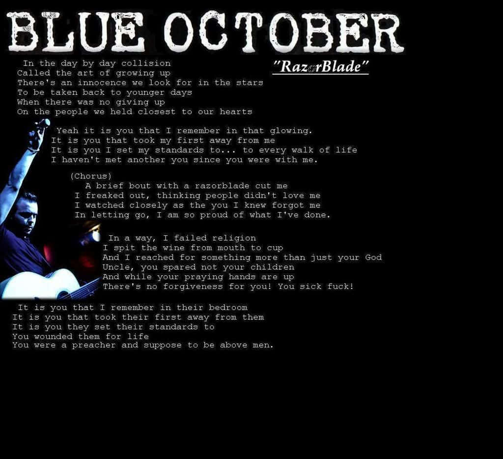Blue October 桌布 壁紙 — 一位音樂人舉起拳頭並拿著吉他，在黑色背景上以白色文字顯示Blue October的《Razorblade》歌詞中表演。
