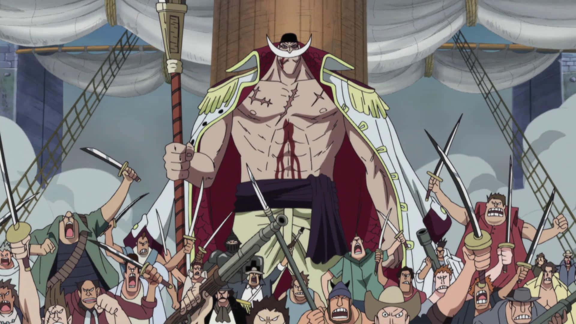 Marineford 桌布 壁紙 — 一位頭上有角、披著白色斗篷的高大動畫船長站在船桅頂端揮舞著法杖，而下面的水手們在混亂的戰鬥場景中揮舞著劍。