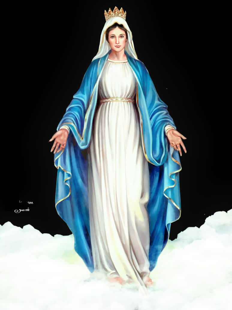 Mother Mary 桌布 壁紙 — 一位頭戴皇冠、身穿藍白長袍的寧靜女子，在黑色虛空中優雅地站在雲端上。